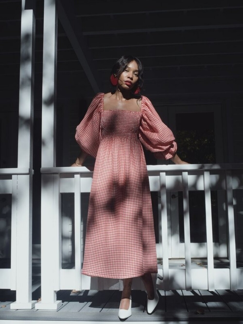 Sleeper 100% linen red gingham atlanta smocked dress with puff sleeves, …